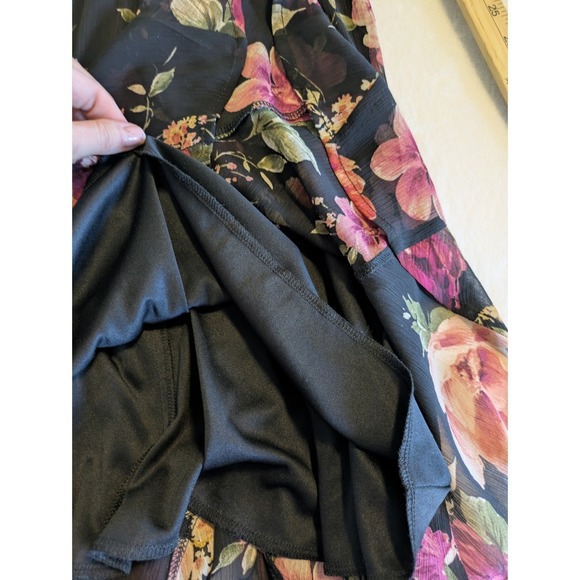 Mi Ami Dress Juniors Medium Boho Black Floral Mini Sheer Chiffon Tiered Garden‎ - Picture 7 of 8